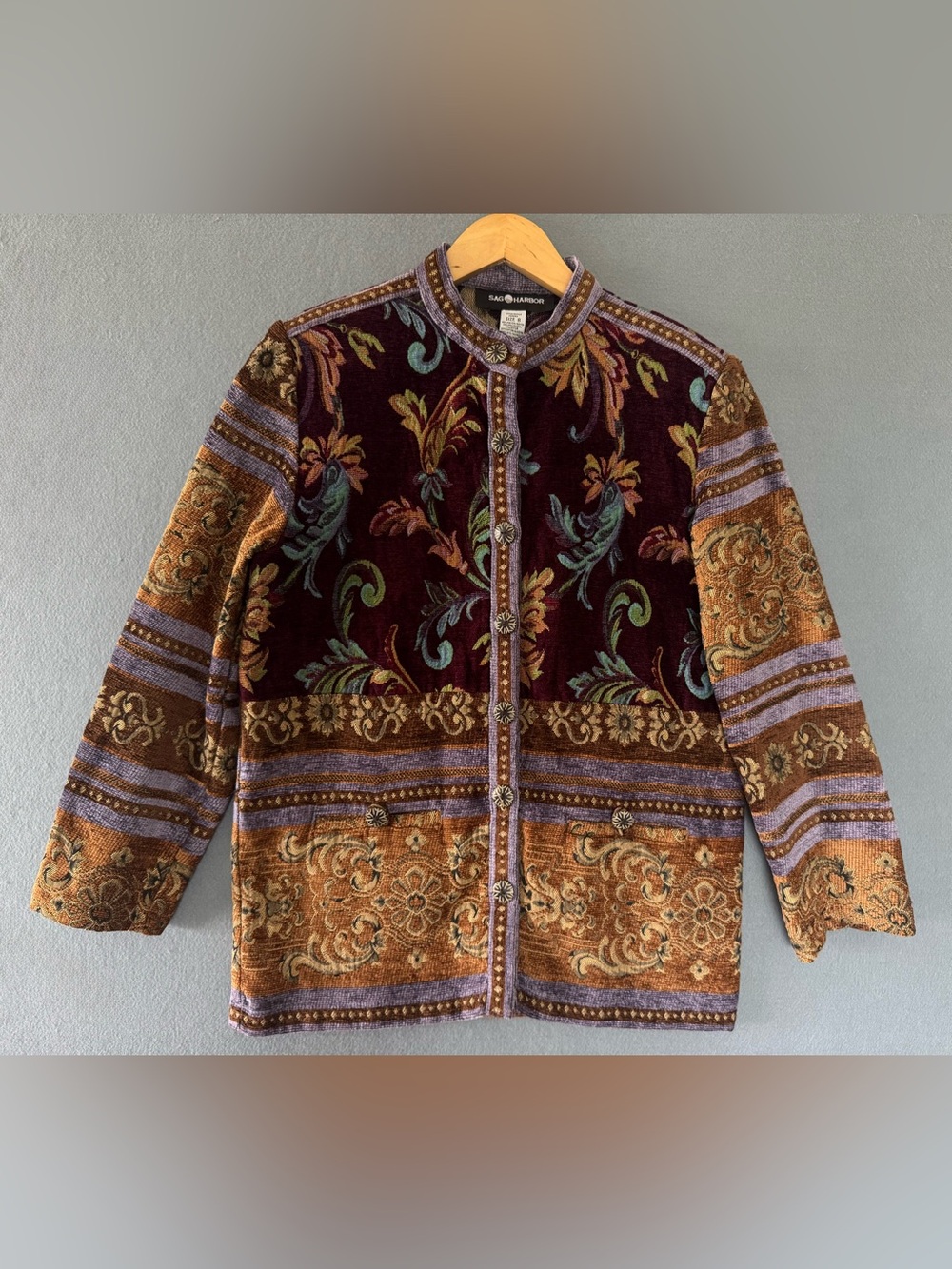Vintage Sag Harbor Tapestry Chenille Jacket Womens 8 Boho Floral 90s - Picture 2 of 11
